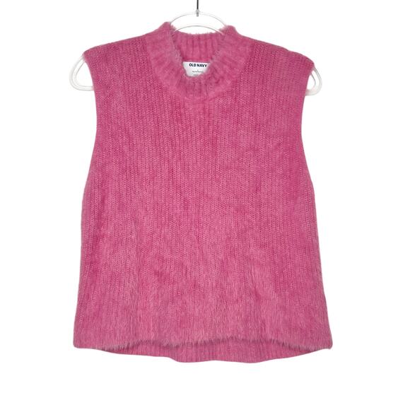 OLD NAVY Eyelash Vest Fuzzy Knit Cotton Blend High Neck Rose Cloud Womens Sz L - Picture 1 of 6